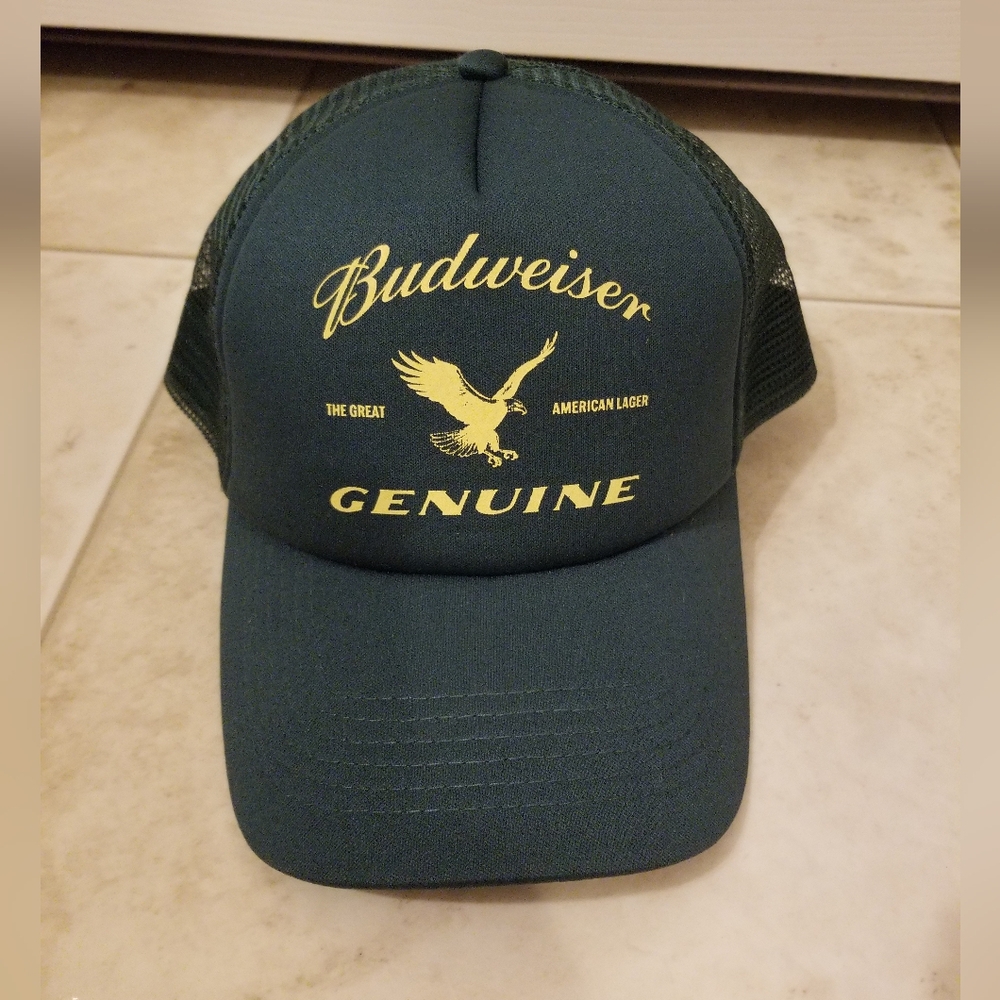 Budweiser genuine green printed trucker hat cap mesh snap back